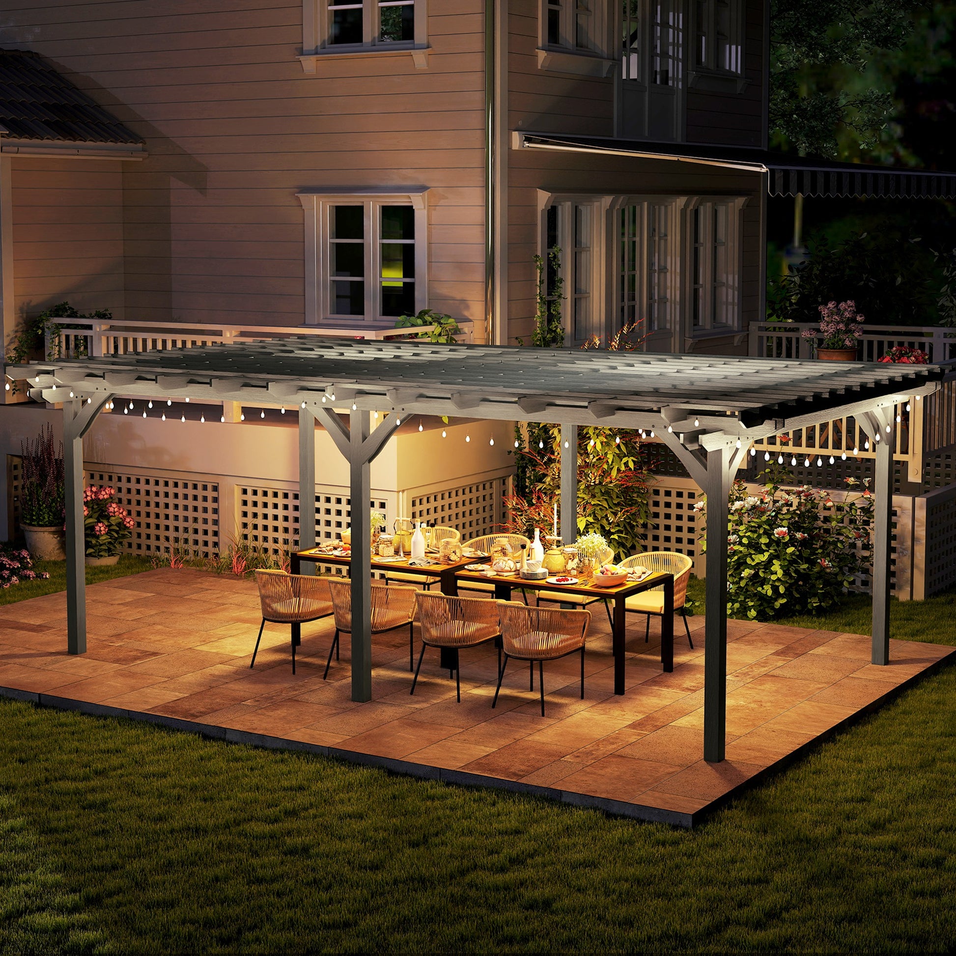 12’ x 20’ Outdoor Pergola, Wood Gazebo Grape Trellis with Stable Structure for Climbing Plant Support, Gray - Morderncharm store