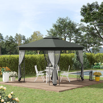  10' x 10' Metal Patio Gazebo, Double Roof Outdoor Gazebo Canopy Shelter with Tree Motifs Corner Frame and Netting, for Garden, Lawn, Backyard, and Deck, Gray