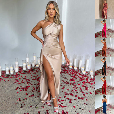 Sexy One-shoulder Backless Slit Dress Summer Elegant Slim-fit Solid Color Satin Dresses For Women null