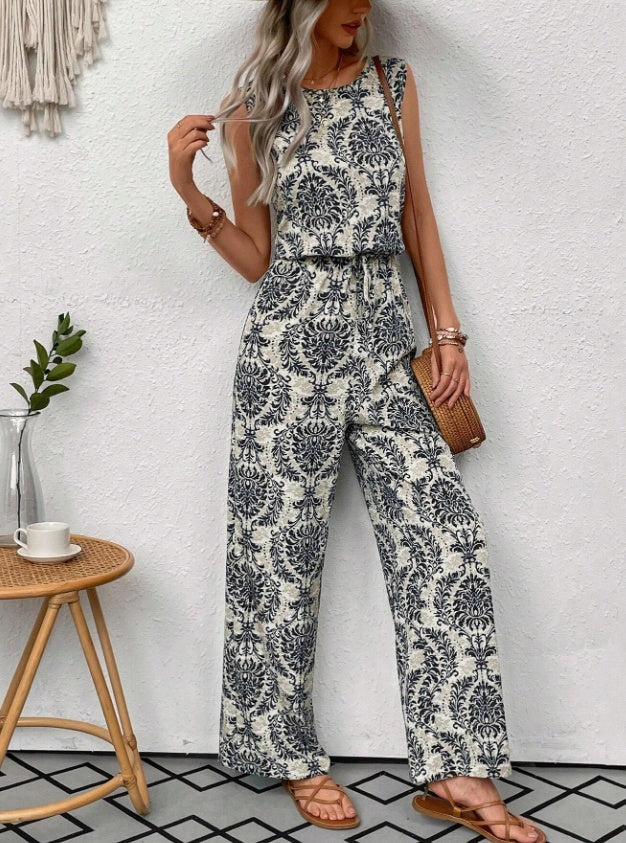 Green Damask Print Wide-Leg Jumpsuit