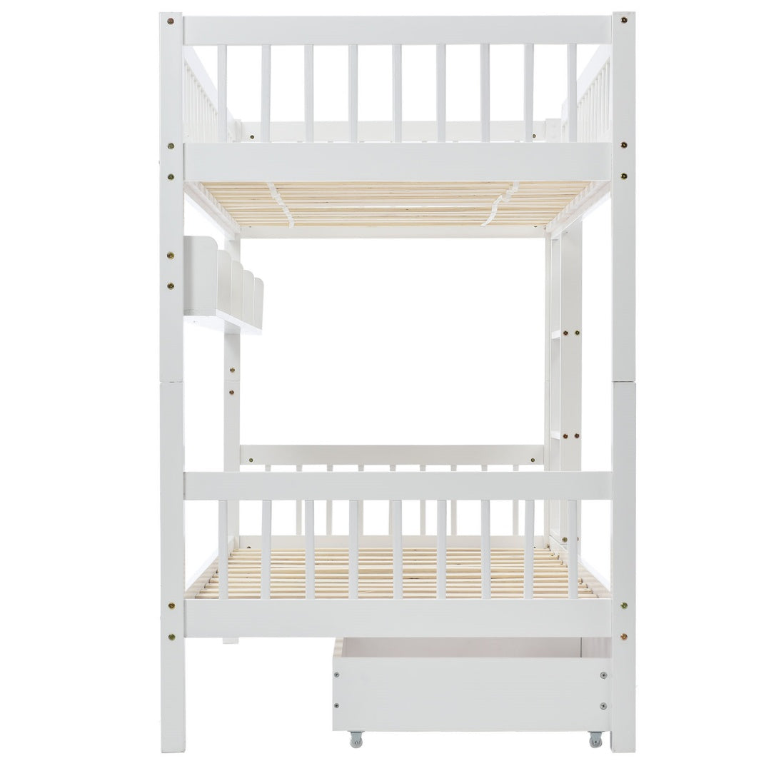 Bunk Bed, Kids Children, 3FT Solid Pine Wood Single Bed Frame & Under Bed Slide Drawer Storage, With Shelf, White 90x190cm - Morderncharm store
