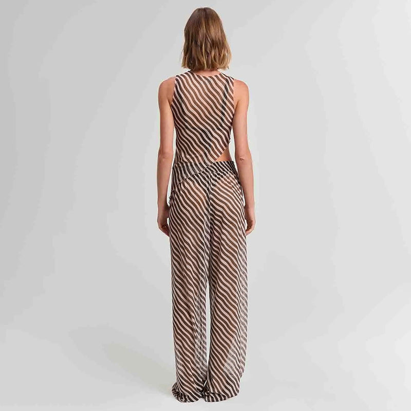 Women's Sleeveless Diagonal Stripes See-through Irregular Top Suit null