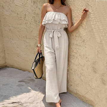 Oatmeal Strapless Ruffle Wide-Leg Jumpsuit
