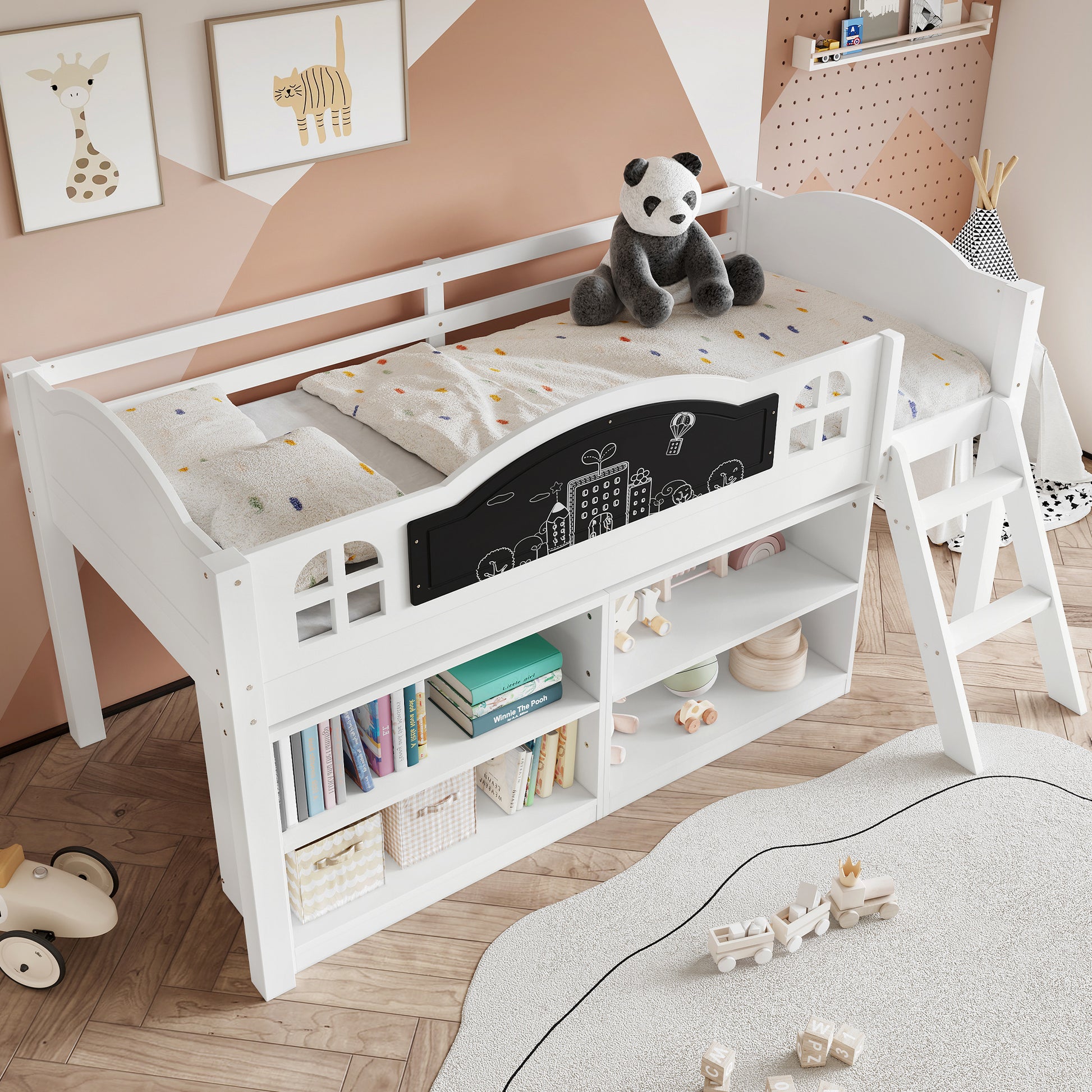 Wooden Bed, Storage Bed, Includes A Blackboard For Graffiti, 3ft Single Bed 90x190cm, Two-step Inclined Staircase, Includes Storage Cabinets, Pine-MDF-PB-Plywood, White - Morderncharm store
