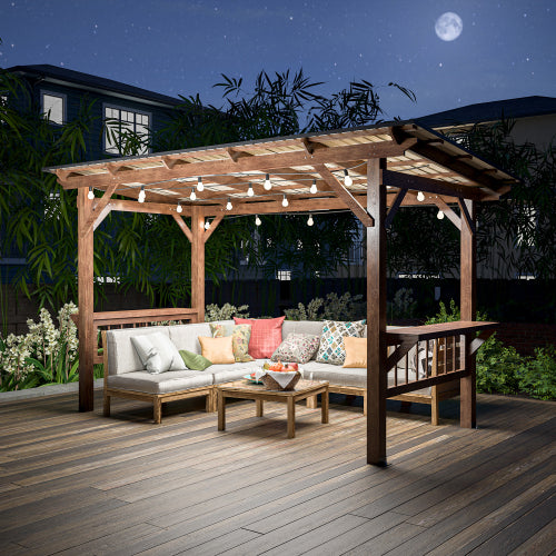 Wooden 13x6.5 ft pergola gazebo with metal roof, hanging bulbs, and bar counters for outdoor dining and shade.
