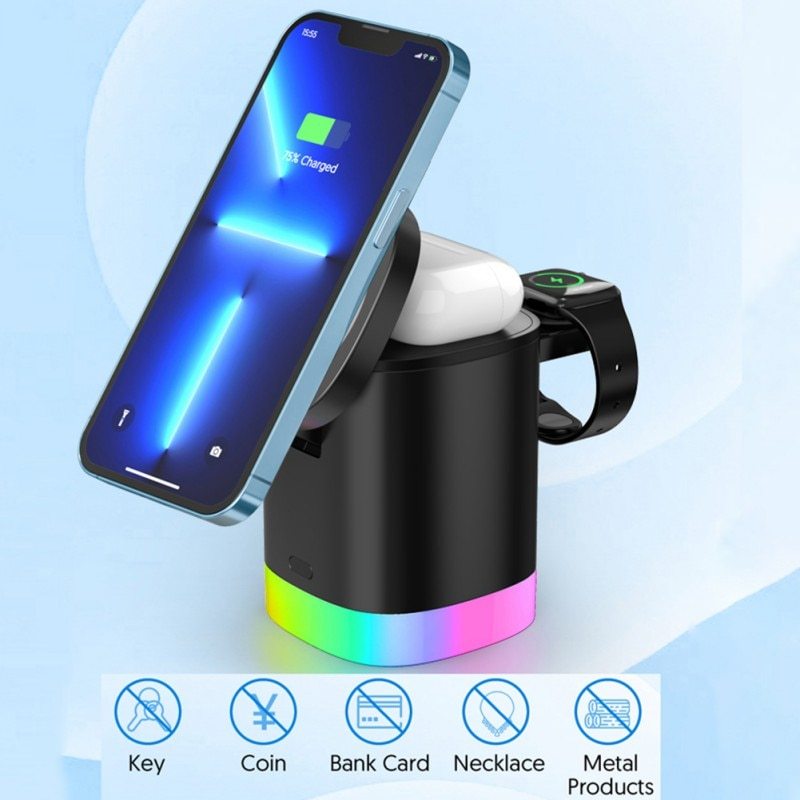 3 In 1 Magnetic Wireless Fast Charger For Smart Phone RGB Ambient Light Charging Station For Airpods IWatch null