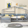 Gray twin size house platform bed with three built-in storage drawers and a modern design, shown with a cozy bedroom setup.