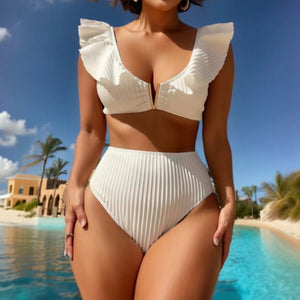 Solid Color Rib Fabric Ruffled Bikini null