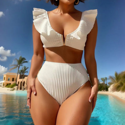 Solid Color Rib Fabric Ruffled Bikini null