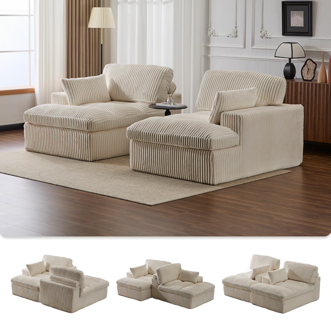 Double Chaise Lounge Chair Indoor,Oversized Upholstered Sleeper Cloud Couch,Deep Seat Luxury Sofa Bed,Sectional Sofa Chaise Love-seat,Corduroy Reading Chair For Living Room,No Assembly Required,White - Morderncharm store