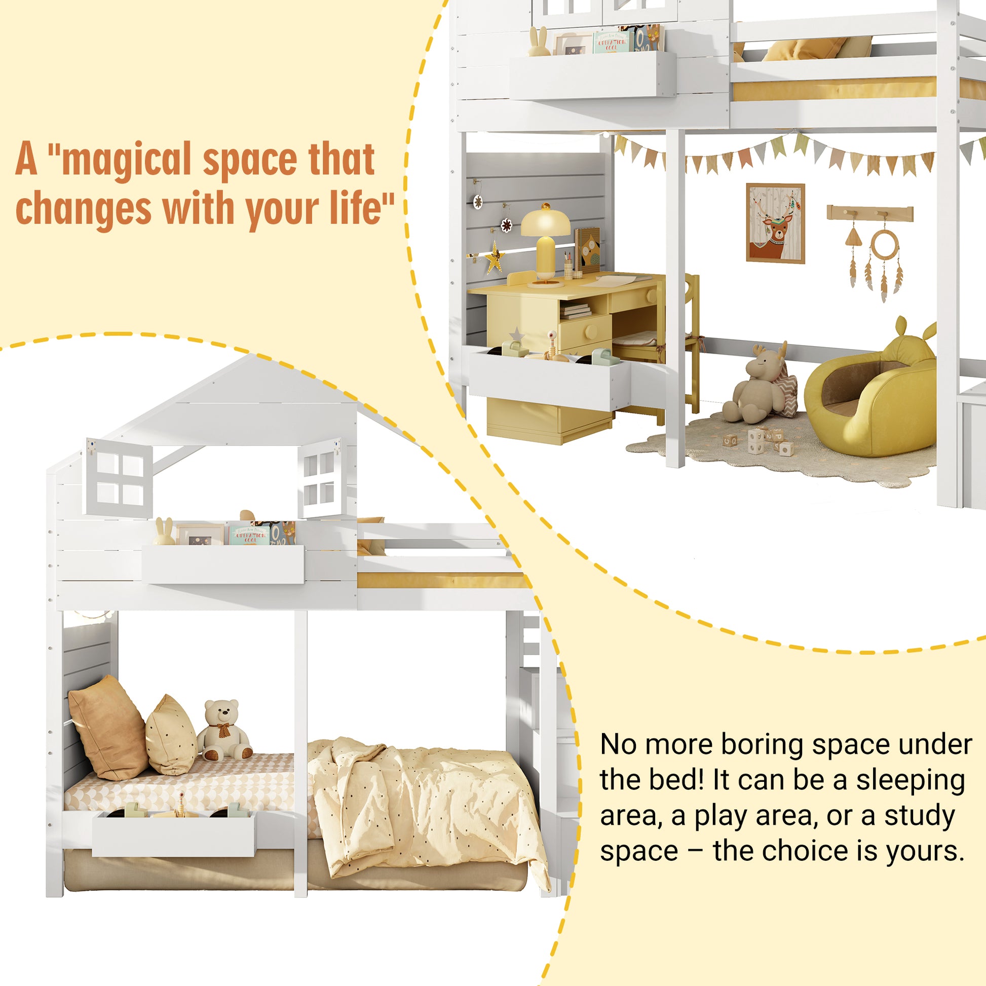 Wooden House Bunk Bed with Storage Stairs & Playhouse Frame - Morderncharm store
