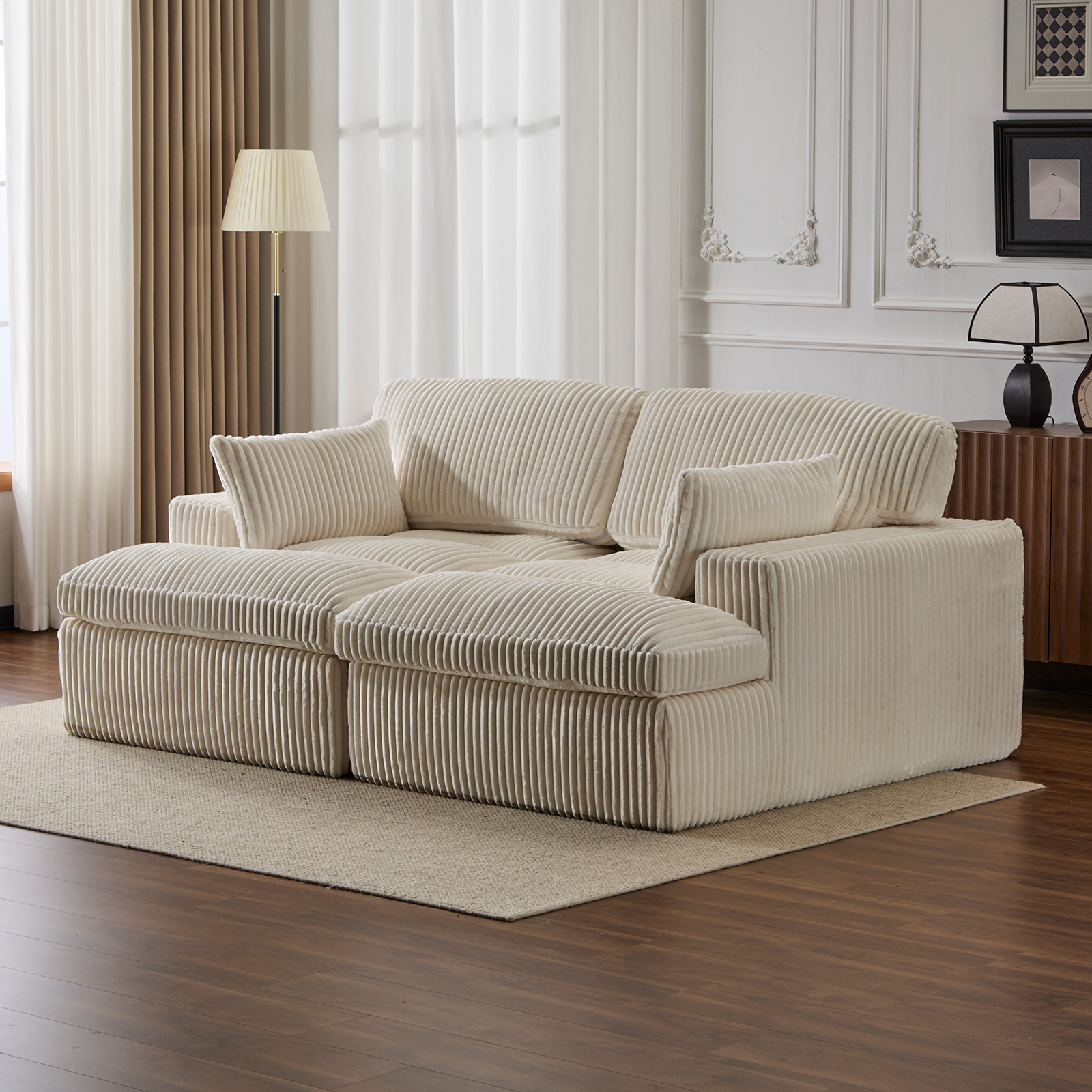 Double Chaise Lounge Chair Indoor,Oversized Upholstered Sleeper Cloud Couch,Deep Seat Luxury Sofa Bed,Sectional Sofa Chaise Love-seat,Corduroy Reading Chair For Living Room,No Assembly Required,White - Morderncharm store