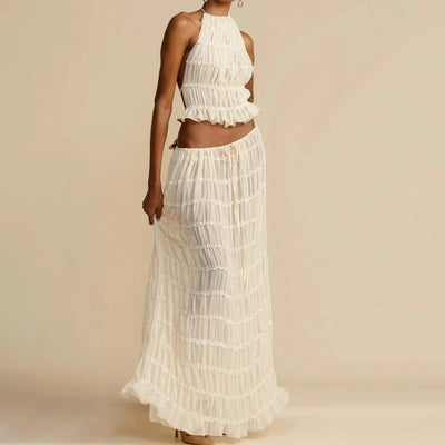 2pcs Women's Dress Suit Sexy Sleeveless Backless Cropped Halter Top And Pleated Long Skirt Beach Clothing null