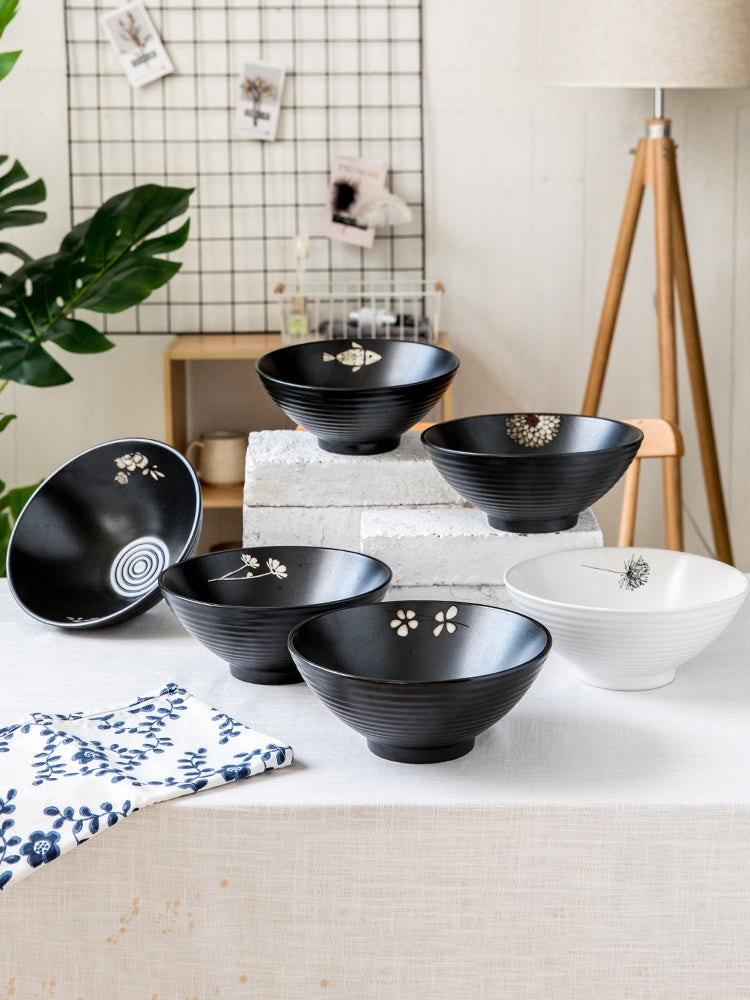 Sakura Threaded Ceramic Bowl Set – 2-Pack Matte Black Japanese