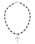 Natural freshwater pearl and black agate necklace featuring a cross pendant, showcasing elegant jewelry design