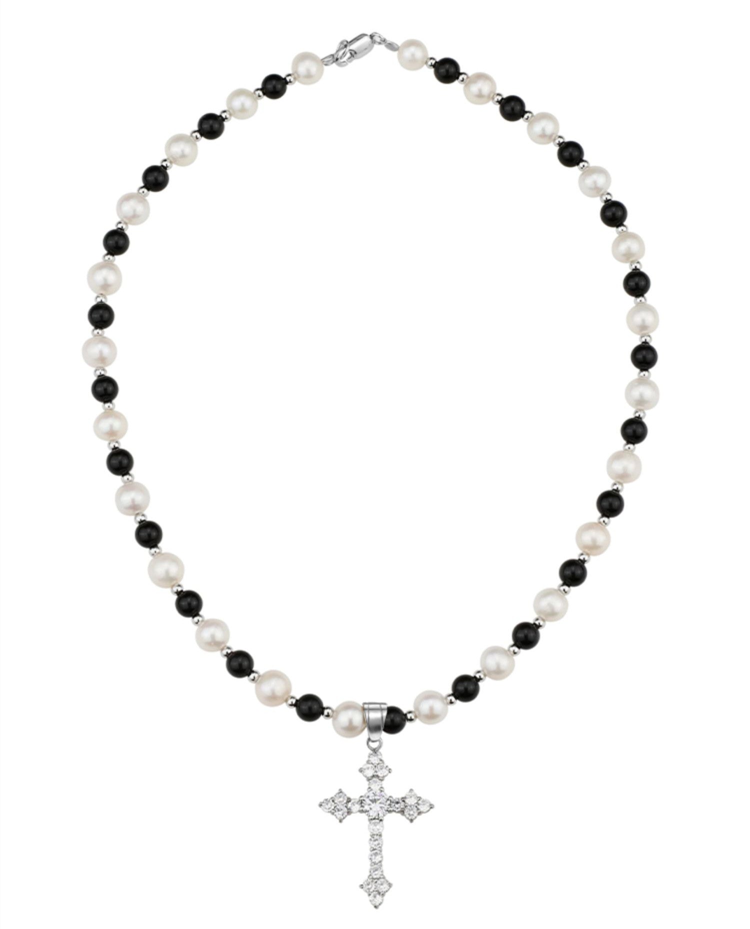 Natural freshwater pearl and black agate necklace featuring a cross pendant, showcasing elegant jewelry design