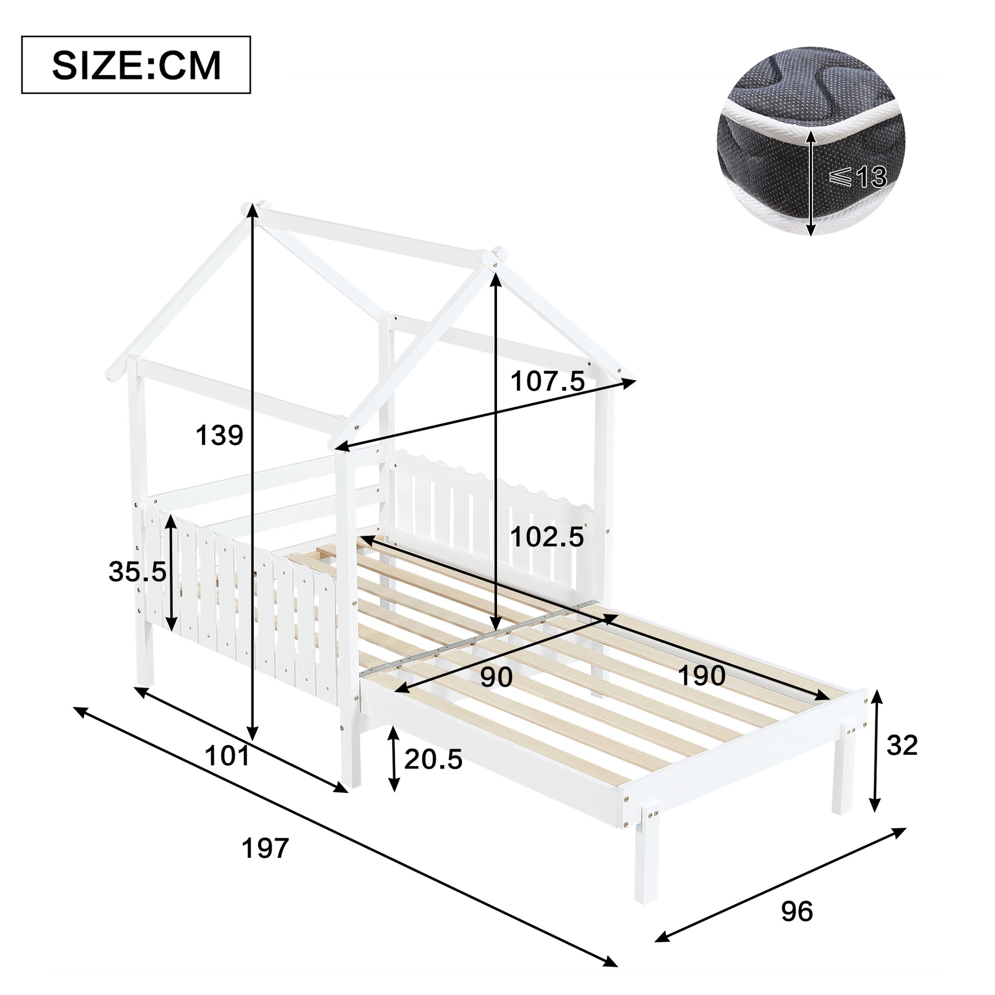 Wooden Bed, Pull Out Bed, 3ft Single Bed 90x190cm, Exquisite Safety Guardrails, Aesthetic Roof Design,  Pine MDF Plywood, White - Morderncharm store