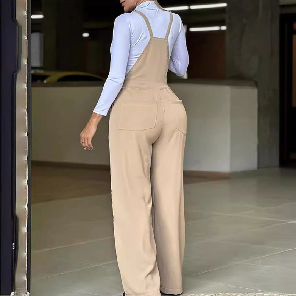 Women's khaki casual suspender wide-leg trousers in polyester fabric.