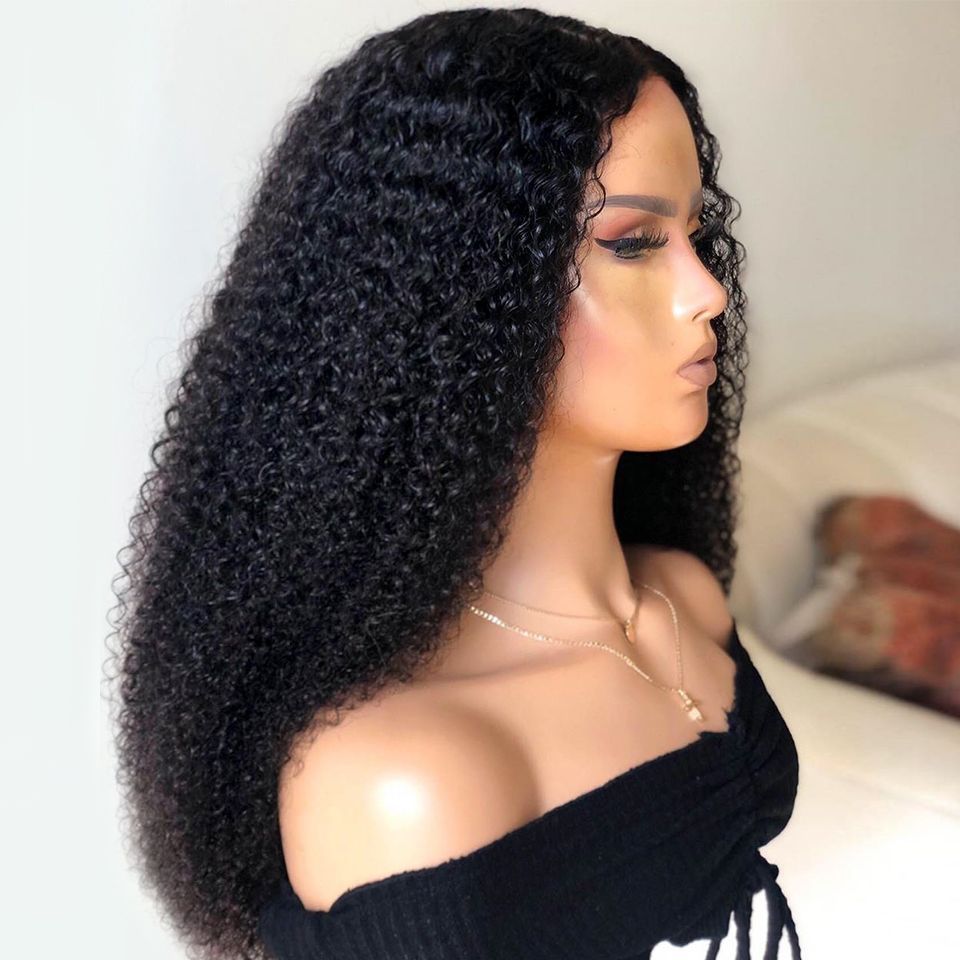 Density Long Kinky Curly Wig Lace Front Human Hair Fluffy null