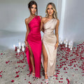 Sexy One-shoulder Backless Slit Dress Summer Elegant Slim-fit Solid Color Satin Dresses For Women null