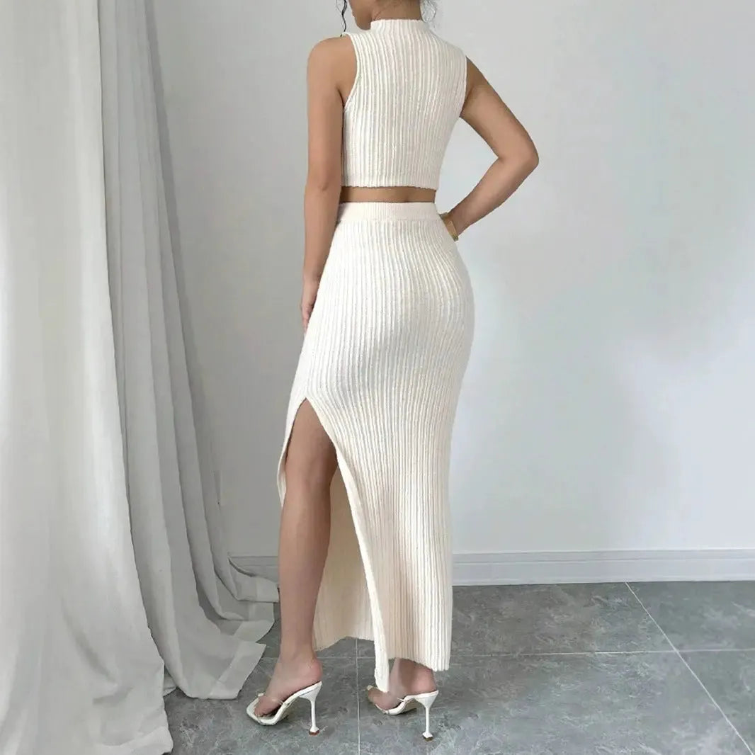 Knitted Sweater Round Neck Vest And Split Skirt Two-piece Set null