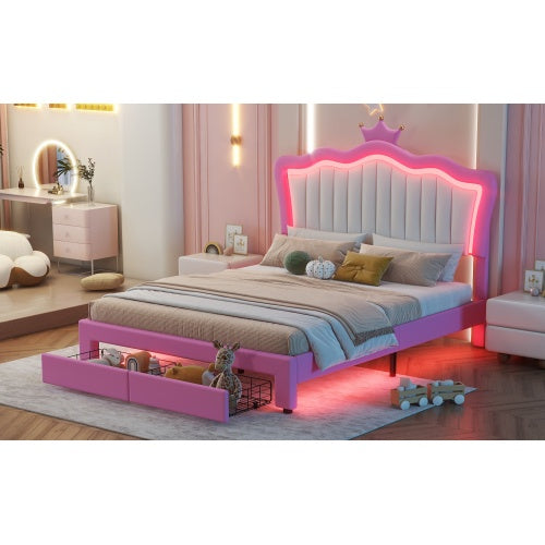 Princess Crown LED bed with illuminated crown headboard, showcasing a cozy bedroom setup with soft lighting and elegant decor.