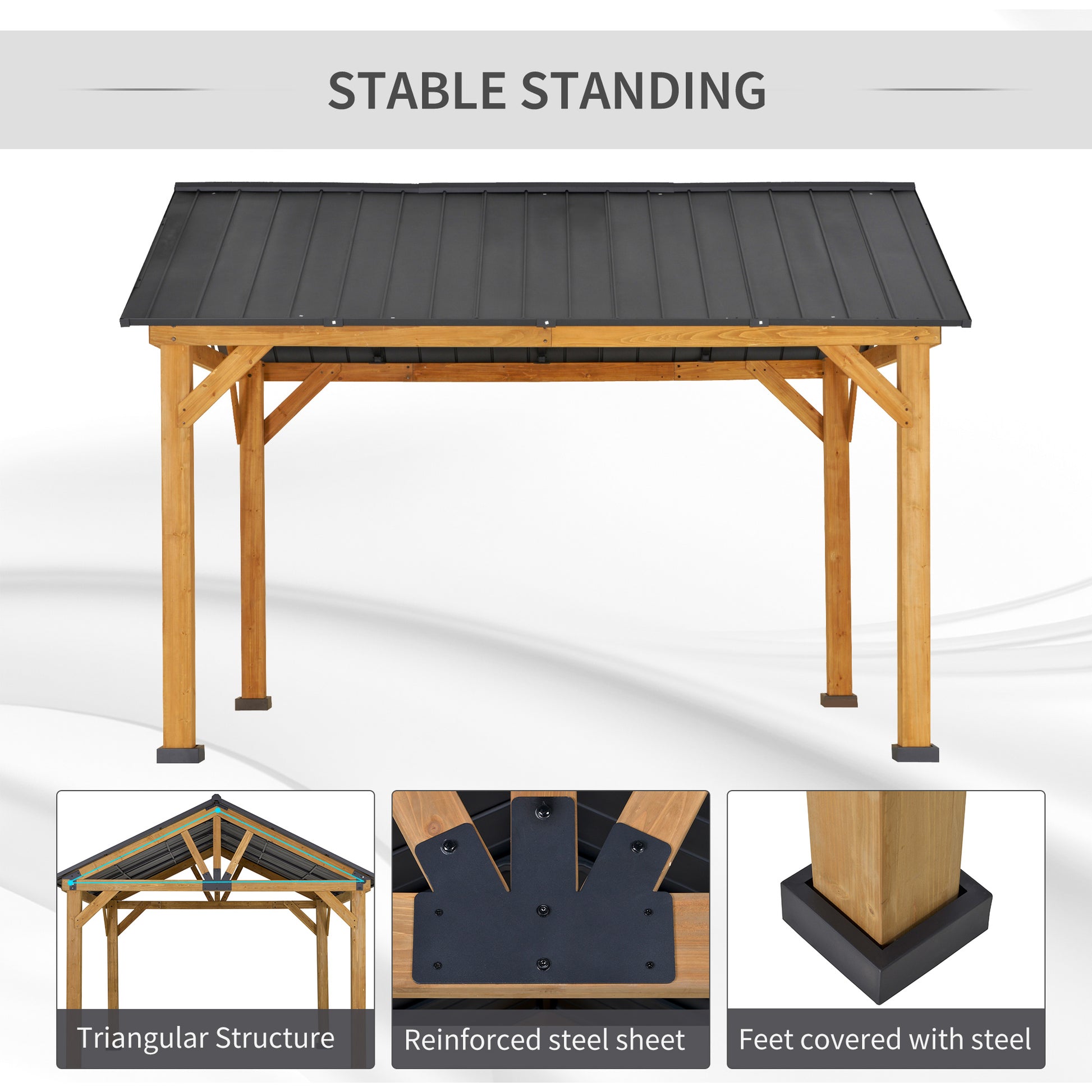  11' x 13' Hardtop Gazebo with Galvanized Steel Roof, Wooden Frame, Permanent Pavilion Outdoor Gazebo with Ceiling Hook for Garden, Patio, Backyard, Lawn - Morderncharm store