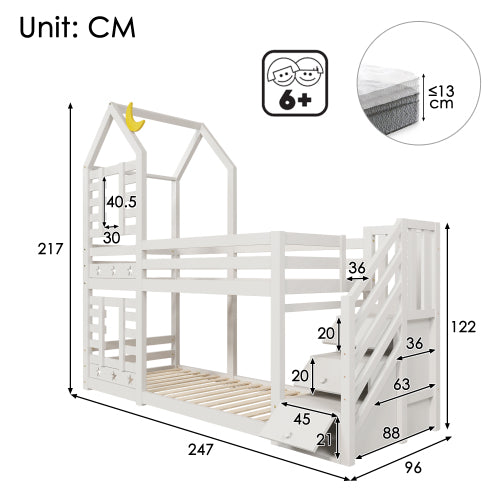 Wooden House Bunk Bed with Storage Stairs & Playhouse Frame - Morderncharm store