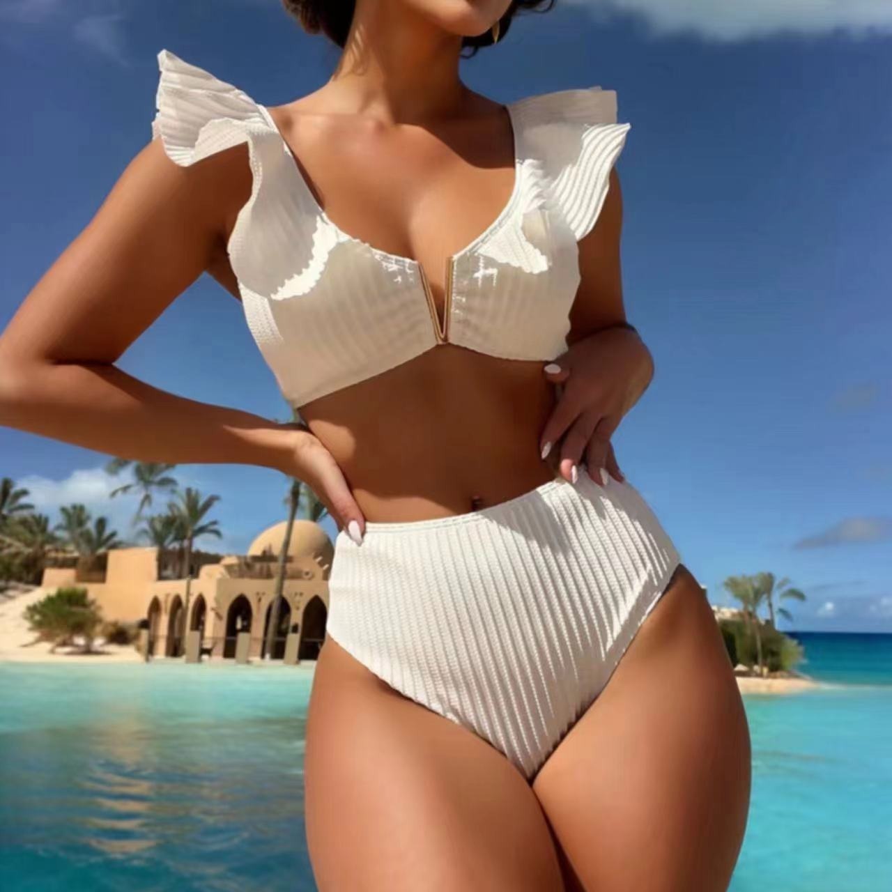 Solid Color Rib Fabric Ruffled Bikini null