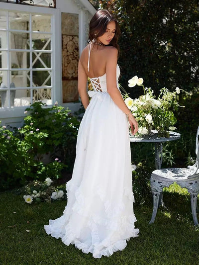 Women's French Romantic Strap Halter White Dress null