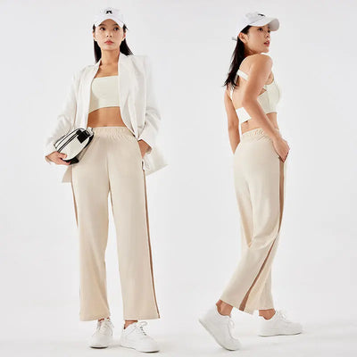 High waist slimming casual pants in light beige for spring and summer fashion.