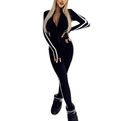 New Autumn And Winter Women's Slim Striped Half Zipper Jumpsuit