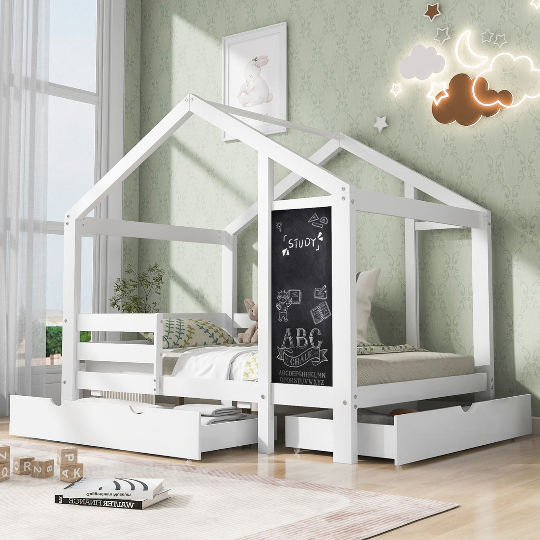 Twin house bed with built-in chalkboard, featuring a cozy wooden frame, playful house design, and a chalkboard surface for drawing.