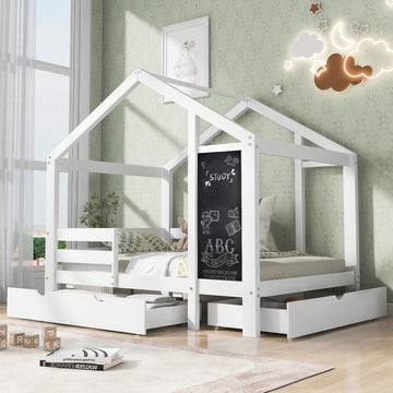 Twin house bed with built-in chalkboard, featuring a cozy wooden frame, playful house design, and a chalkboard surface for drawing.