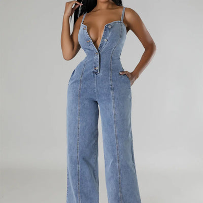 Light blue denim jumpsuit with suspenders, featuring a mid-waist and straight-leg design, ideal for women's fashion.