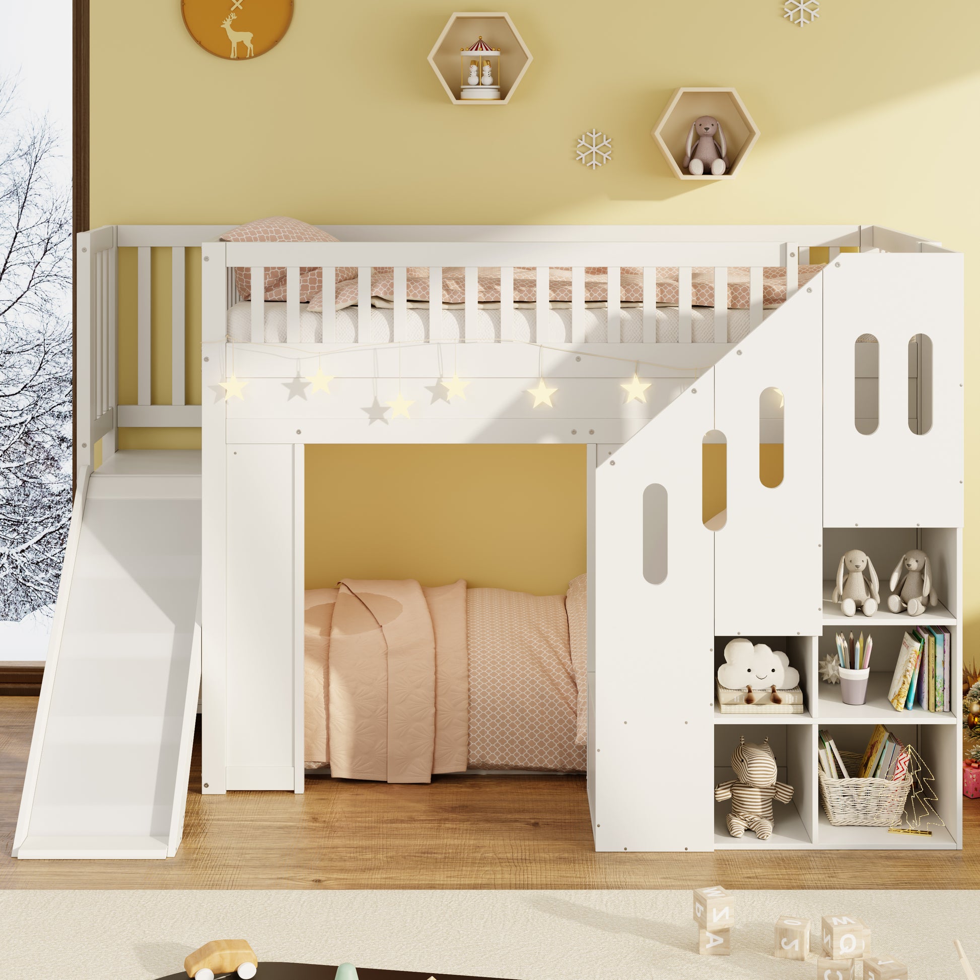 Twin Wood Loft House Bed with Built - Morderncharm store