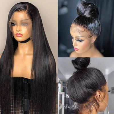 Real Human Hair Lace Wig Set Straight Hair Black Medium Length null