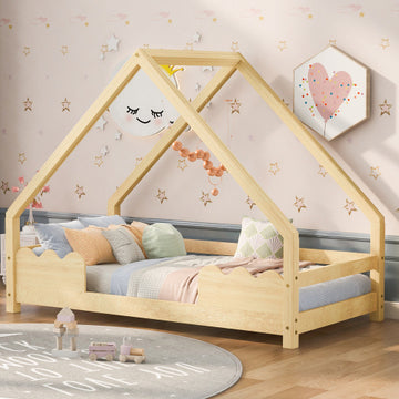 Whimsical Wooden House Bed Frame for Kids