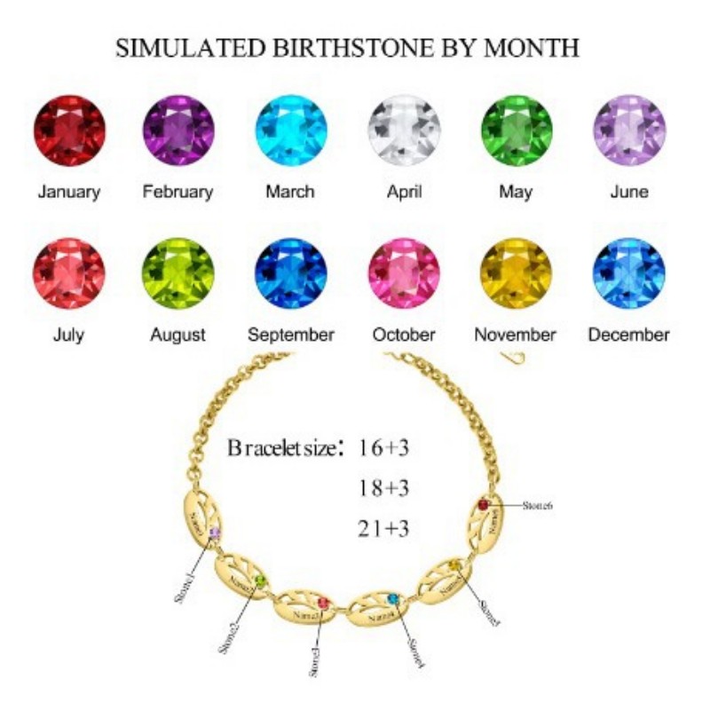 Stainless steel hollow oval leaf bracelet engraved with a birthstone, featuring a polished leaf design and a colorful gemstone accent.