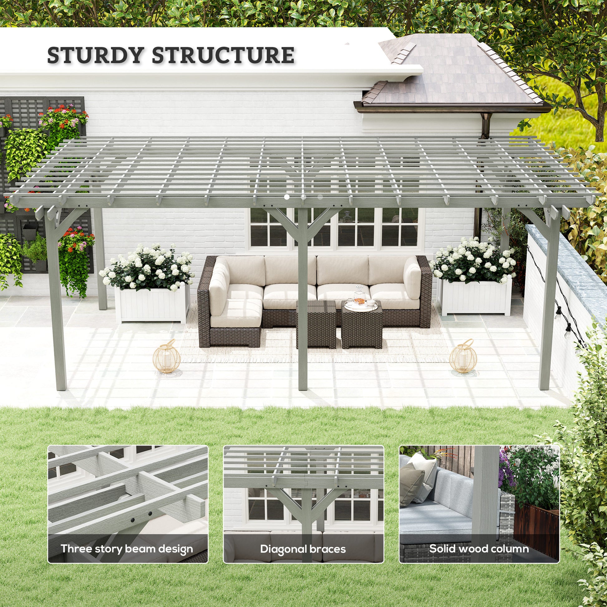 12’ x 20’ Outdoor Pergola, Wood Gazebo Grape Trellis with Stable Structure for Climbing Plant Support, Gray - Morderncharm store