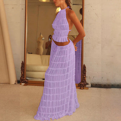 2pcs Women's Dress Suit Sexy Sleeveless Backless Cropped Halter Top And Pleated Long Skirt Beach Clothing null