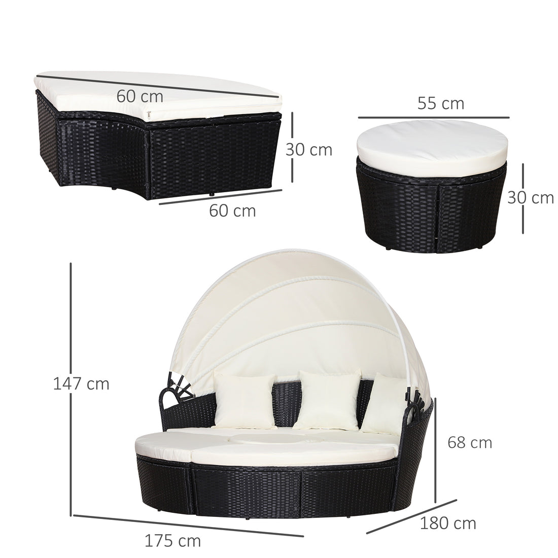 Five-Piece Rattan Garden Bed, With Canopy - Black/White - Morderncharm store