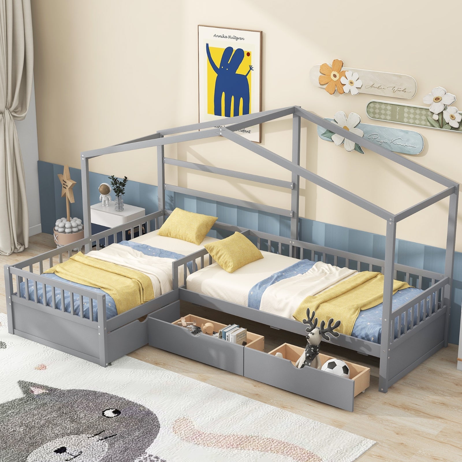 Twin size house platform bed in gray with three built-in storage drawers, featuring a cozy house-shaped design.