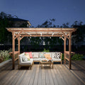 Wooden 13x6.5-foot pergola gazebo with metal roof, string bulbs, and bar counters, ideal for outdoor grilling and entertaining.