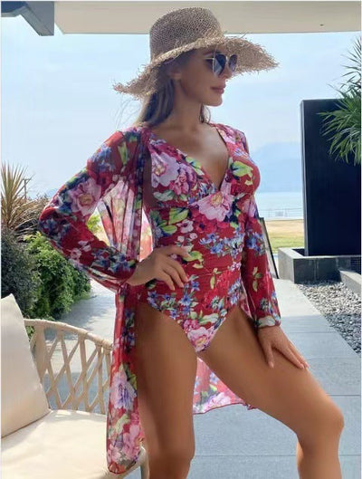 Women's Floral Tight Bikini Three-piece Suit null