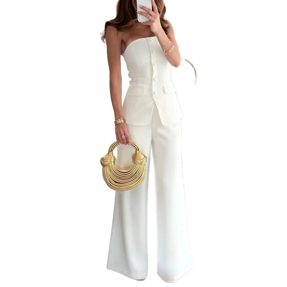 Off-shoulder Sleeveless Single-breasted Slim-fitting Straight Pants Suit null