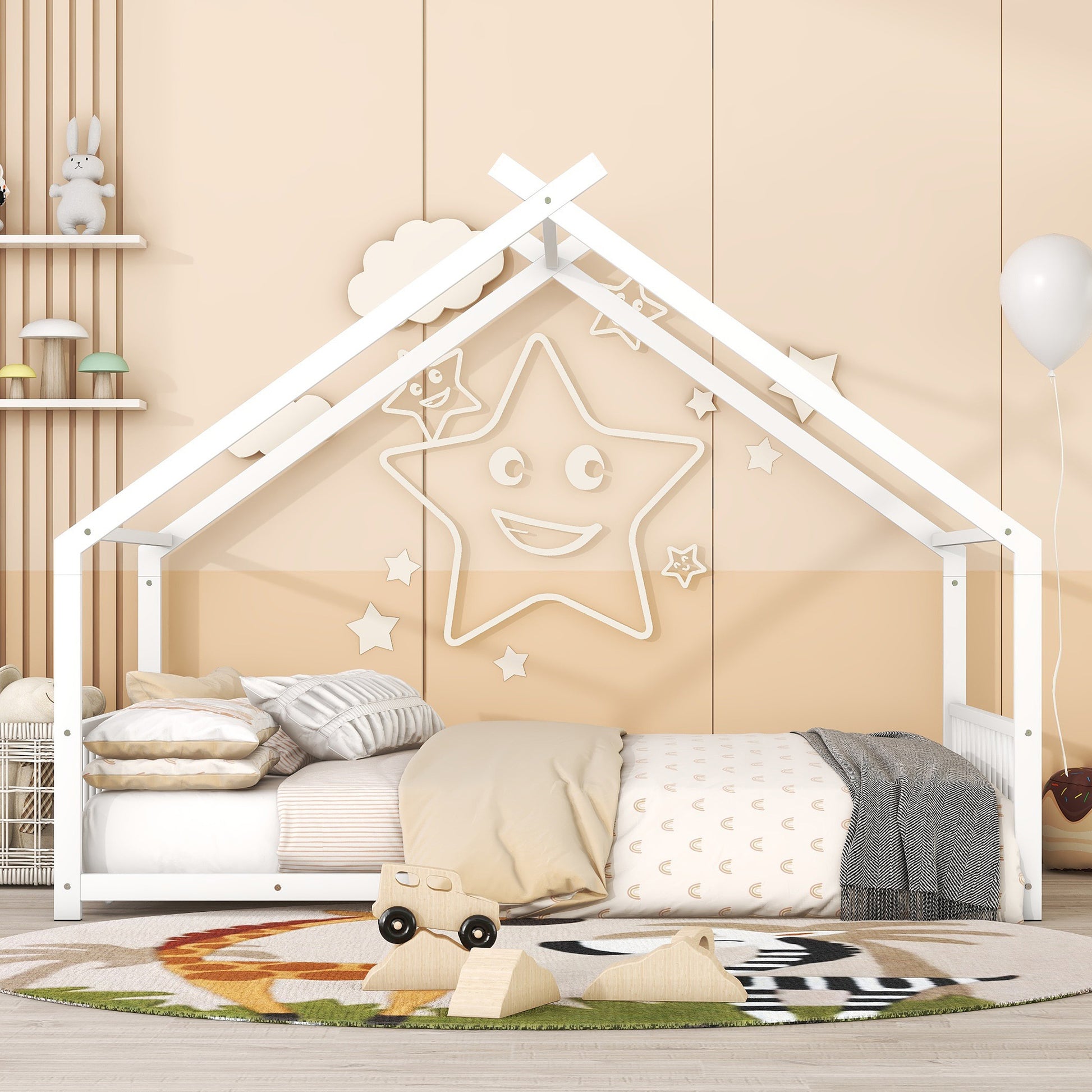 Twin Montessori Teepee House Bed with wooden frame and fabric tent, perfect for children's cozy sleep and play space.