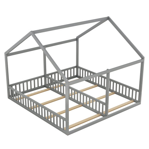 Twin Size Double Montessori House Bed with Shared Guardrails - Morderncharm store
