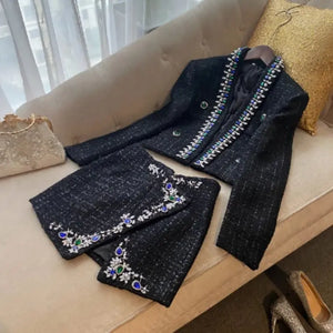 Diamond blue and fruit collar short tweed coat and skirt set for women.