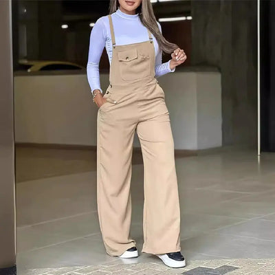 Women's khaki casual suspender wide-leg trousers in polyester fabric.